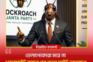 Man in a suit with a cockroach head giving a speech at a press conference; backdrop shows a 'Cockroach Janata Party' sign.