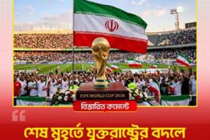 Iran flag waving above the FIFA World Cup trophy at a packed stadium.