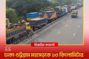Queue of cargo trucks lined up on a divided highway with barriers and trees in the background, suggesting a traffic jam.