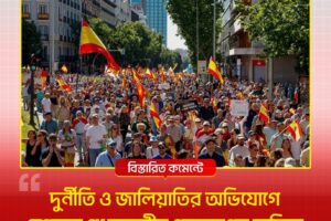 Large street protest with hundreds of people waving red-and-yellow Spanish flags in a city, framed as a news graphic.
